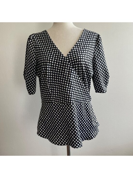 Mixit Tops - Mix It V-Neck Wrap Blouse Womens L Black Polka Dot